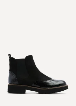Footwear>Linzi Cleo Black Patent & Suede Brogue Style Chelsea Boot