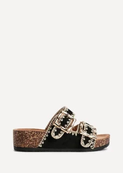 Footwear>Linzi Darby Black Faux Suede Double Buckle Sandal