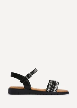 Footwear>Linzi Halo Black Weaved Embellished Flat Sandals