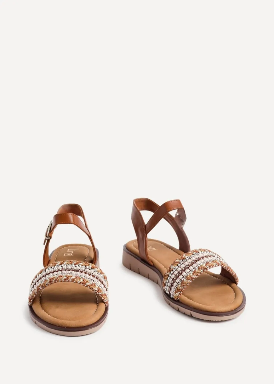 Footwear>Linzi Halo Tan Weaved Embellished Flat Sandals