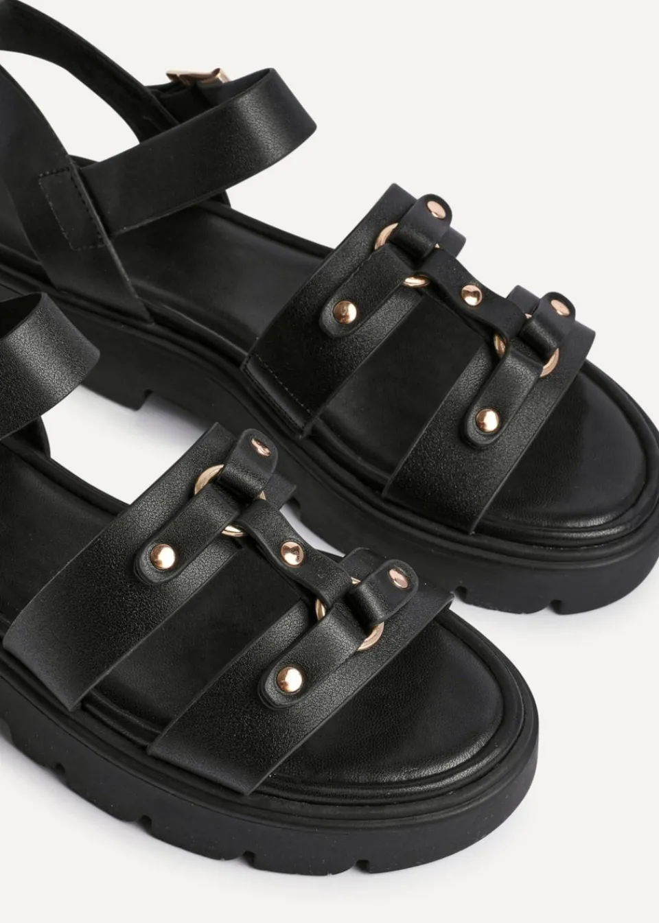 Footwear>Linzi Hattie Black Faux Leather Studded Gladiator Chunky Sandals