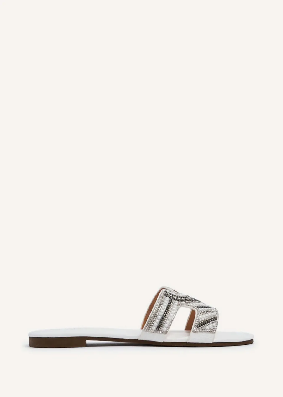 Footwear>Linzi Indira Faux Leather Aztec Design Embellished Slider Sandal White