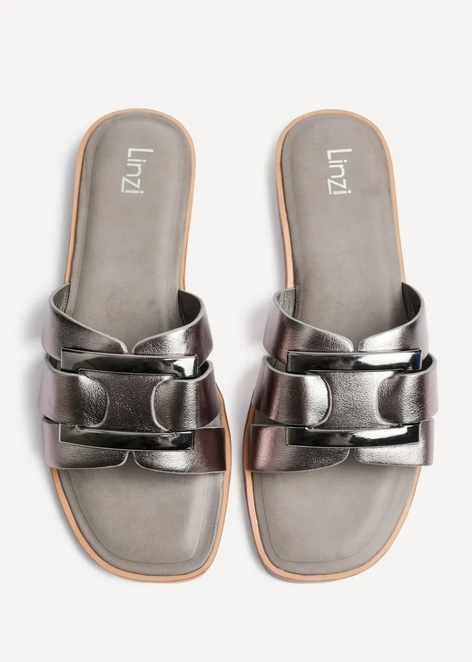 Footwear>Linzi Kenna Grey Faux Leather Buckle Flat Slider Sandal