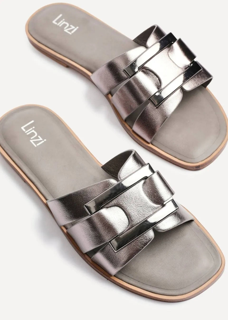 Footwear>Linzi Kenna Grey Faux Leather Buckle Flat Slider Sandal