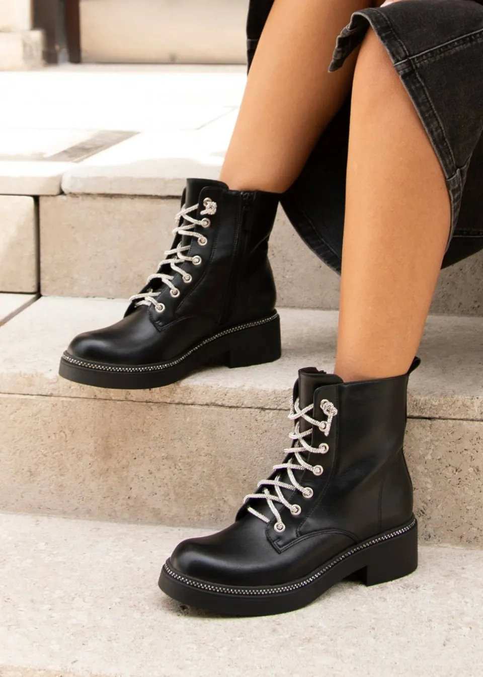 Footwear>Linzi Lacey Black Faux Leather Military Style Boot