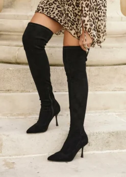 Footwear>Linzi Laney Black Faux Suede Thigh High Strech Stiletto Heel Boot