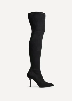 Footwear>Linzi Laney Black Faux Suede Thigh High Strech Stiletto Heel Boot