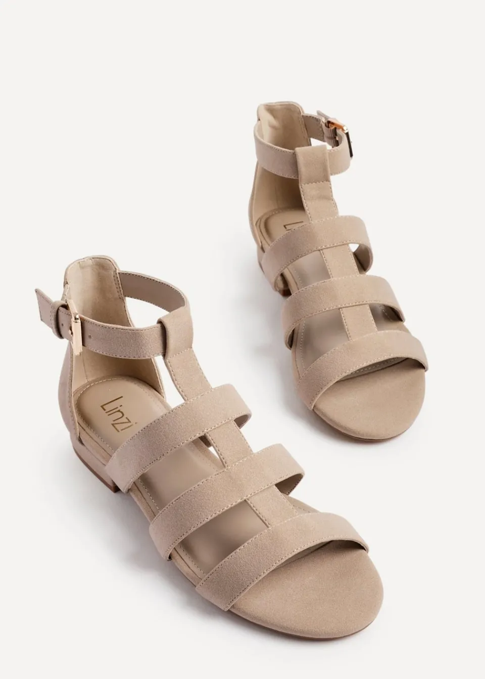 Footwear>Linzi Liberate Taupe Faux Suede Closed Back Gladiator Sandals