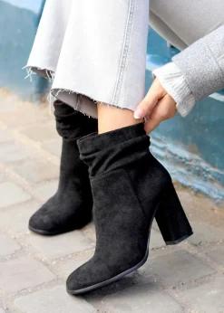 Footwear>Linzi Mila Black Ruched Square Toe Block Heeled Ankle Boot