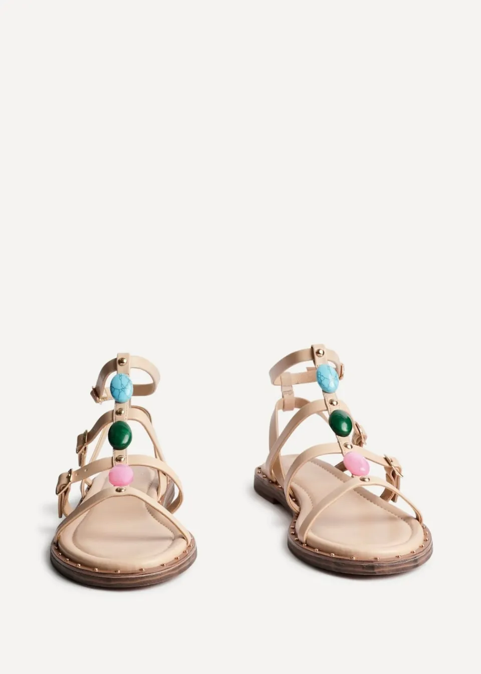 Footwear>Linzi Mimi Sand Faux Leather Embellished Gladiator Flat Sandal