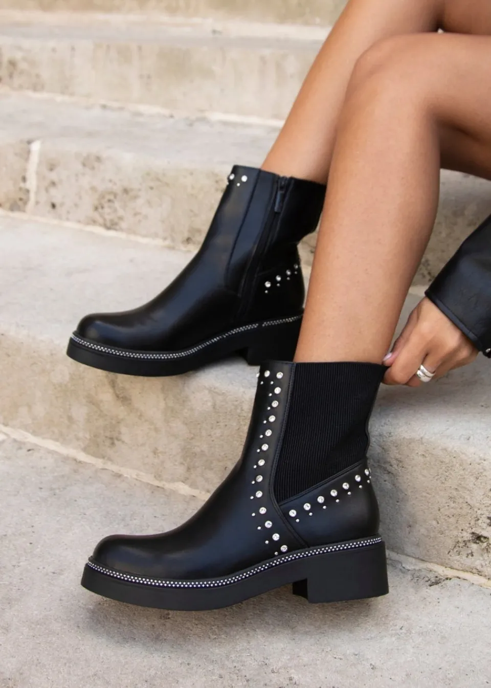 Footwear>Linzi Optic Black Faux Leather Diamante Embellished Chelsea Boot