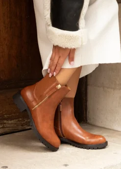 Footwear>Linzi Peyton Tan Stretch Panel Ankle Boot & Outer Zip Detail