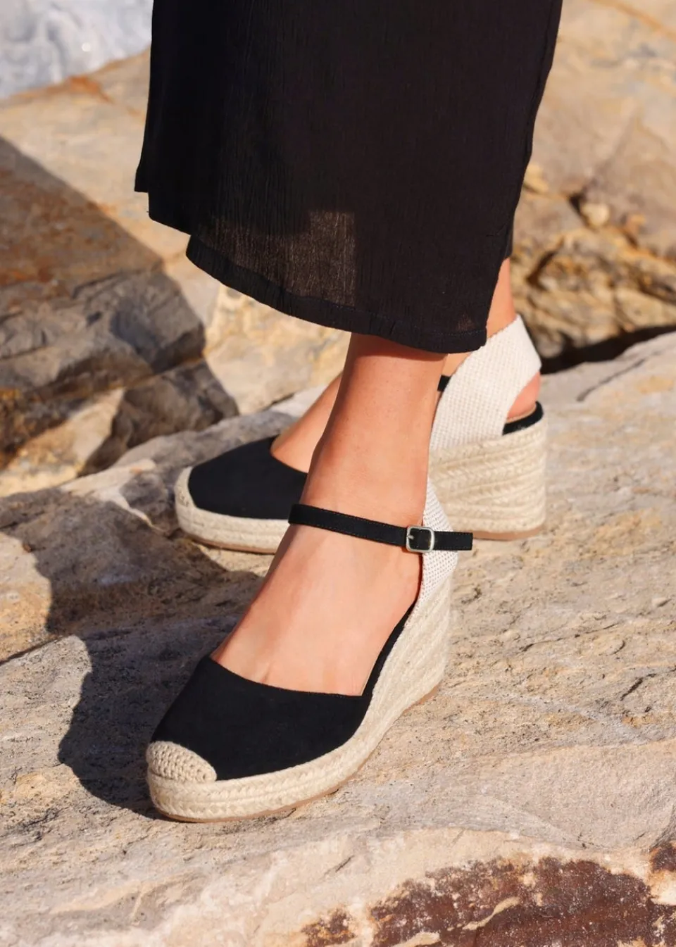 Footwear>Linzi Present Faux Suede Closed Toe And Open Back Espadrille Wedge Black