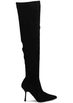 Footwear>Linzi Rocky Black Suede Stretch Over The Knee Stiletto Boot