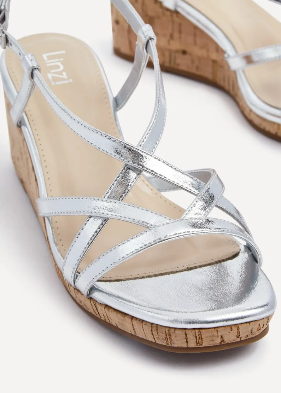 Footwear>Linzi Safiya Silver Faux Leather Strappy Wedge Sandal
