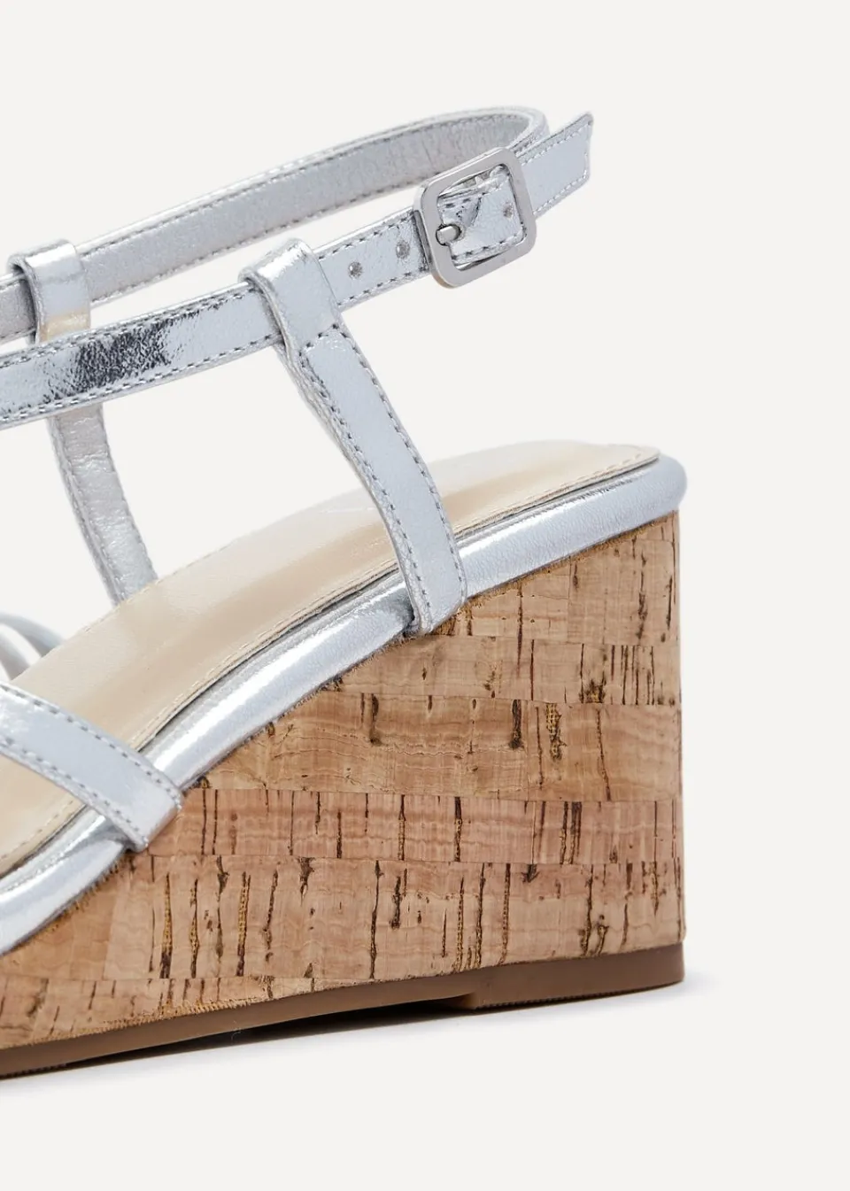 Footwear>Linzi Safiya Silver Faux Leather Strappy Wedge Sandal