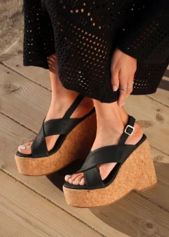 Footwear>Linzi Santana Black Faux Leather Crossover High Platform Cork Wedge