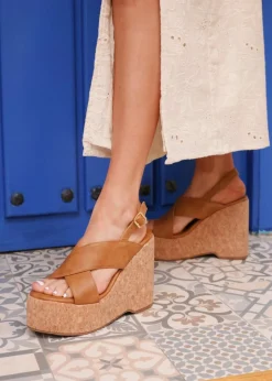 Footwear>Linzi Santana Tan Faux Leather Crossover High Platform Cork Wedge