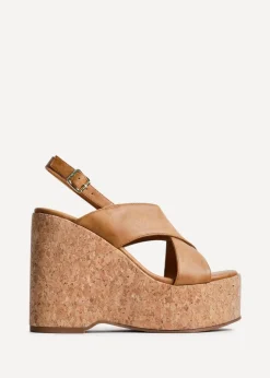 Footwear>Linzi Santana Tan Faux Leather Crossover High Platform Cork Wedge