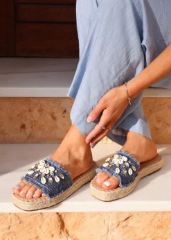 Footwear>Linzi Seaside Blue Raffia Shell Embellished Flat Slider