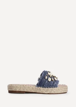 Footwear>Linzi Seaside Blue Raffia Shell Embellished Flat Slider