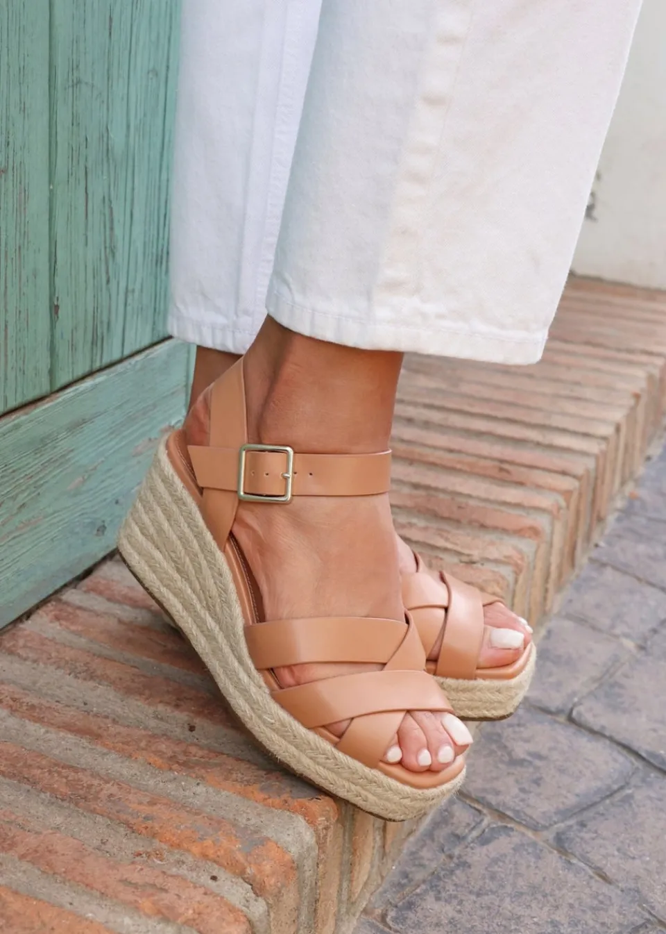 Footwear>Linzi Sheena Tan Faux Leather Crossover Espadrille Platform Wedge