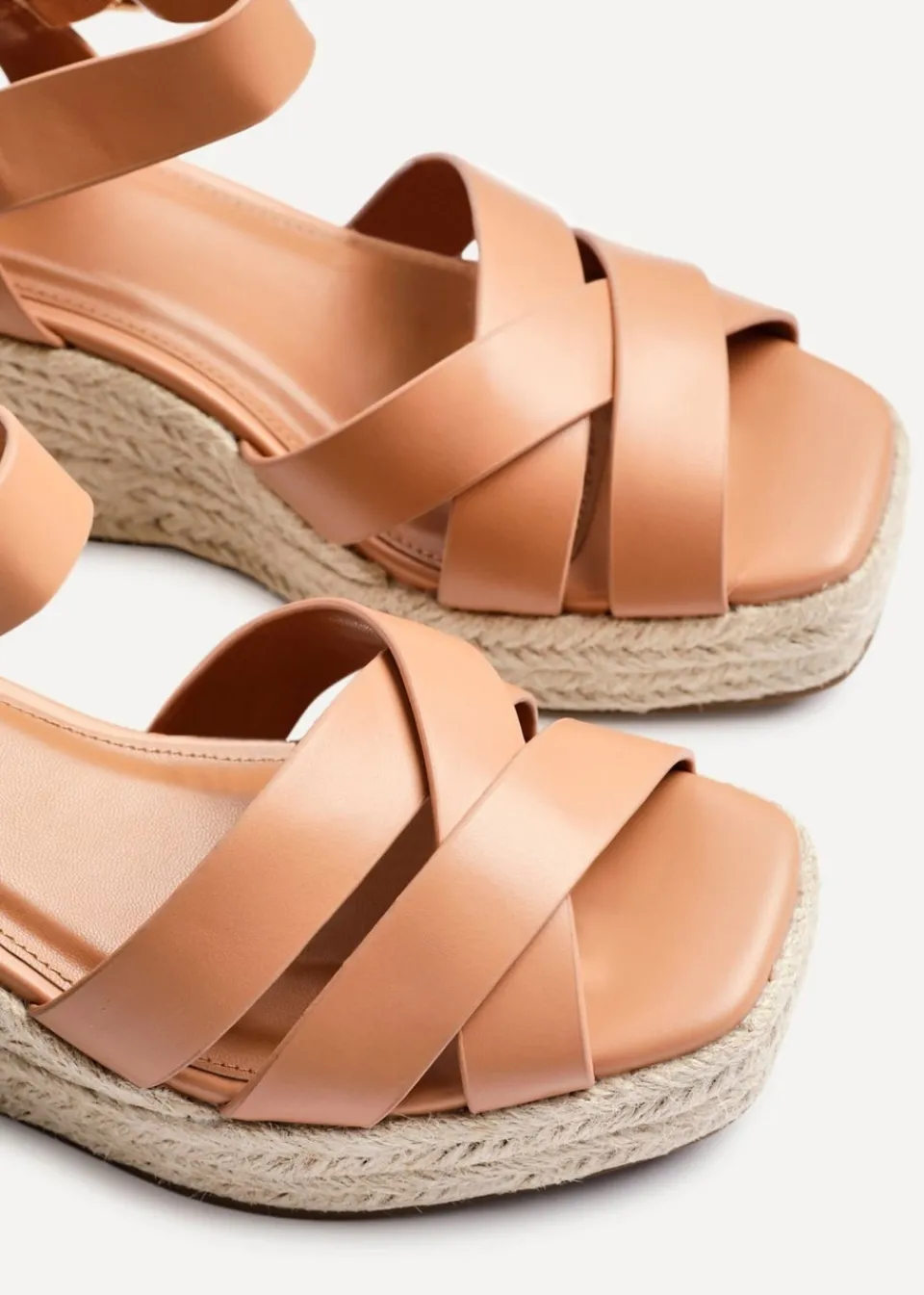 Footwear>Linzi Sheena Tan Faux Leather Crossover Espadrille Platform Wedge