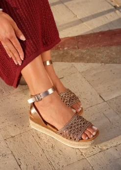 Footwear>Linzi Sundown Pink Faux Leather Handwoven Espadrille Flatform Sandal