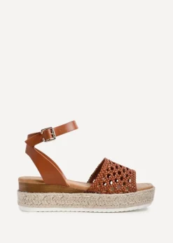 Footwear>Linzi Sundown Tan Faux Leather Handwoven Espadrille Flatform Sandal