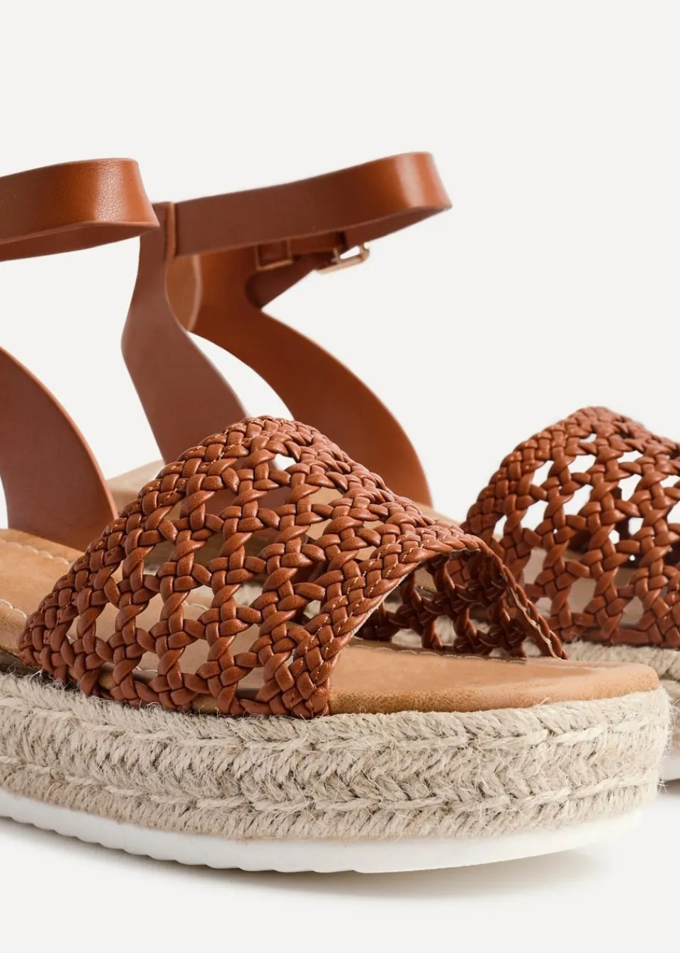 Footwear>Linzi Sundown Tan Faux Leather Handwoven Espadrille Flatform Sandal