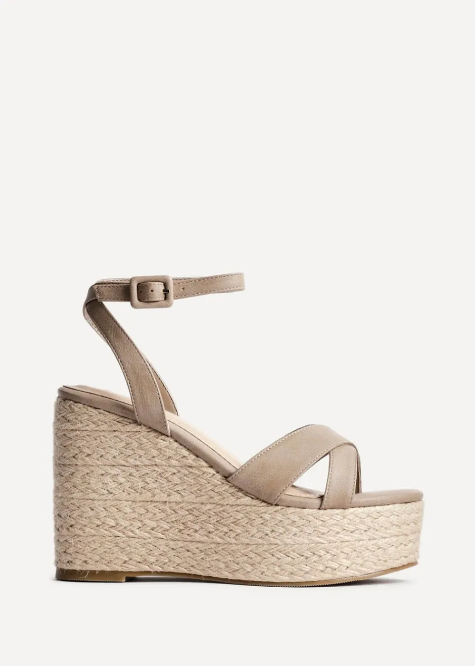 Footwear>Linzi Tahiti Taupe Faux Leather Crossover Espadrille Wedge