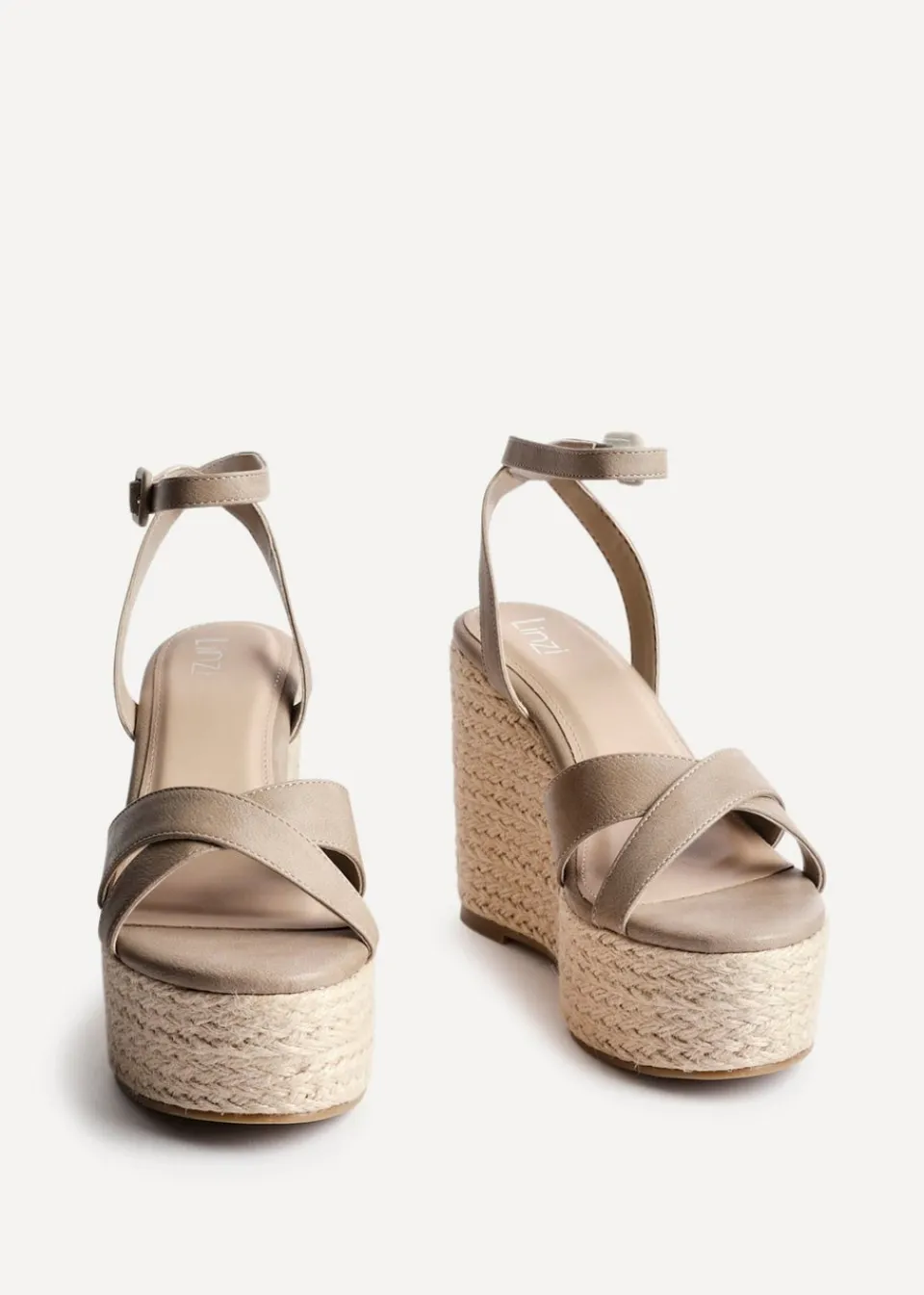 Footwear>Linzi Tahiti Taupe Faux Leather Crossover Espadrille Wedge