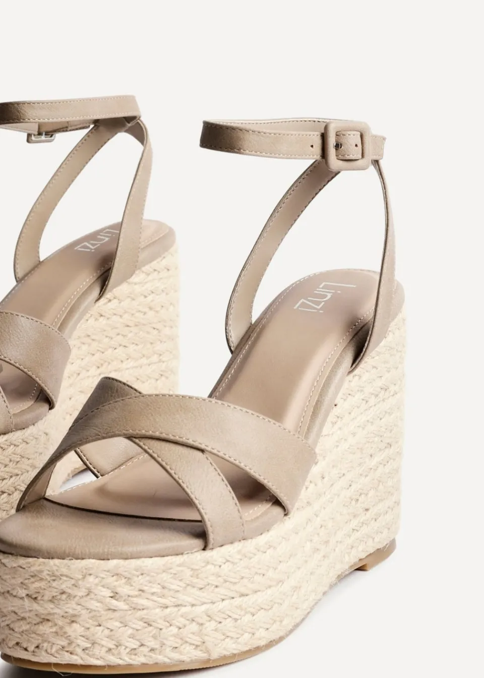 Footwear>Linzi Tahiti Taupe Faux Leather Crossover Espadrille Wedge