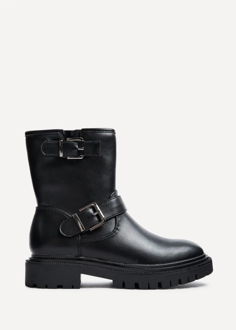 Footwear>Linzi Trinity Black Faux Leather Biker Style Boot