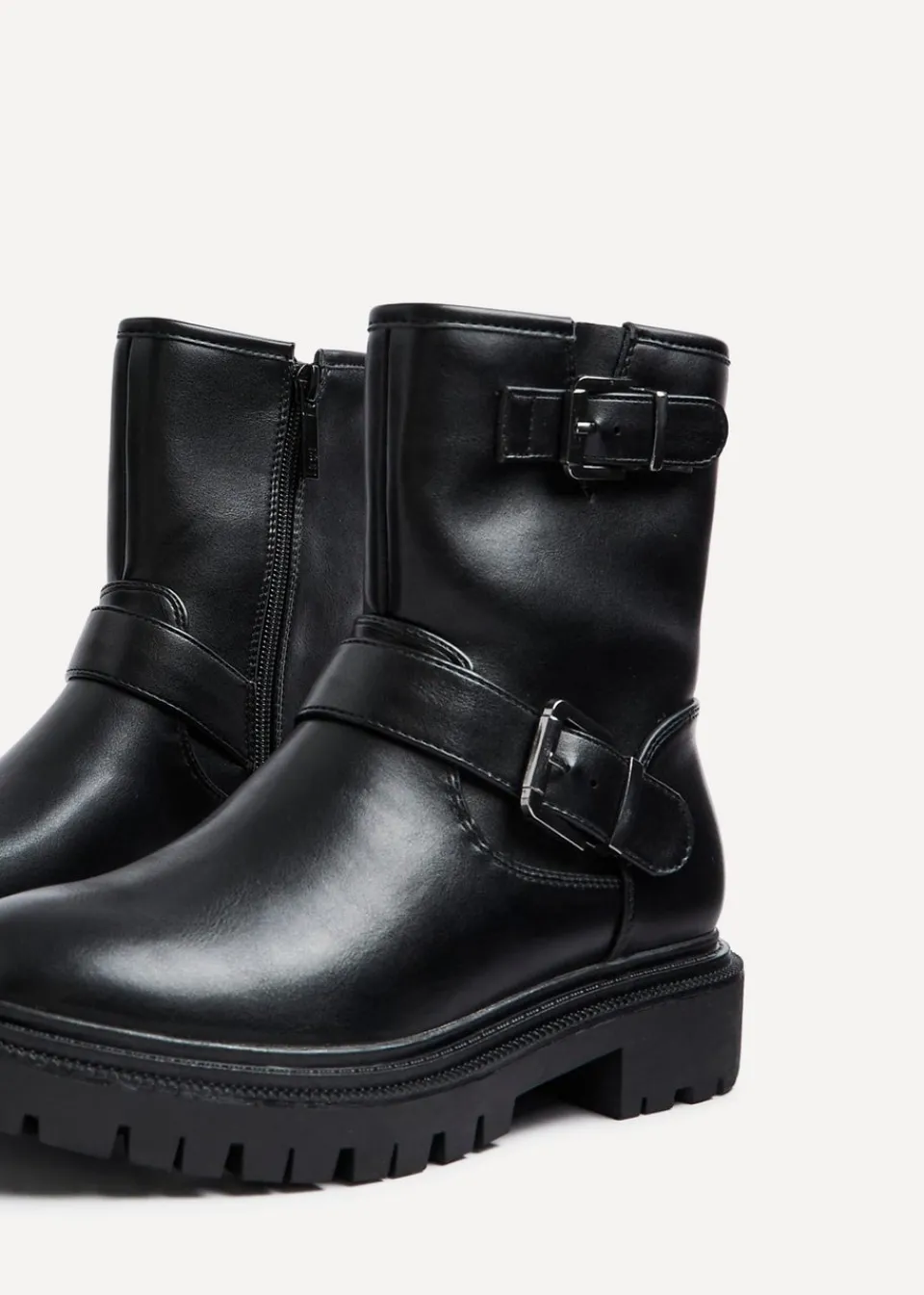 Footwear>Linzi Trinity Black Faux Leather Biker Style Boot