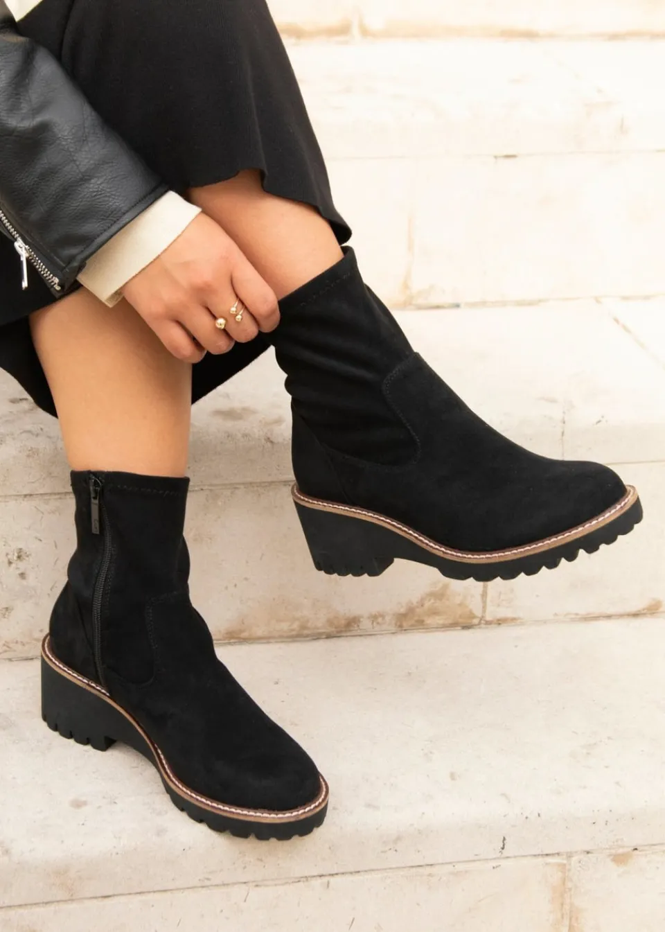 Footwear>Linzi Trish Black Faux Suede Wedged Heel Ankle Boot