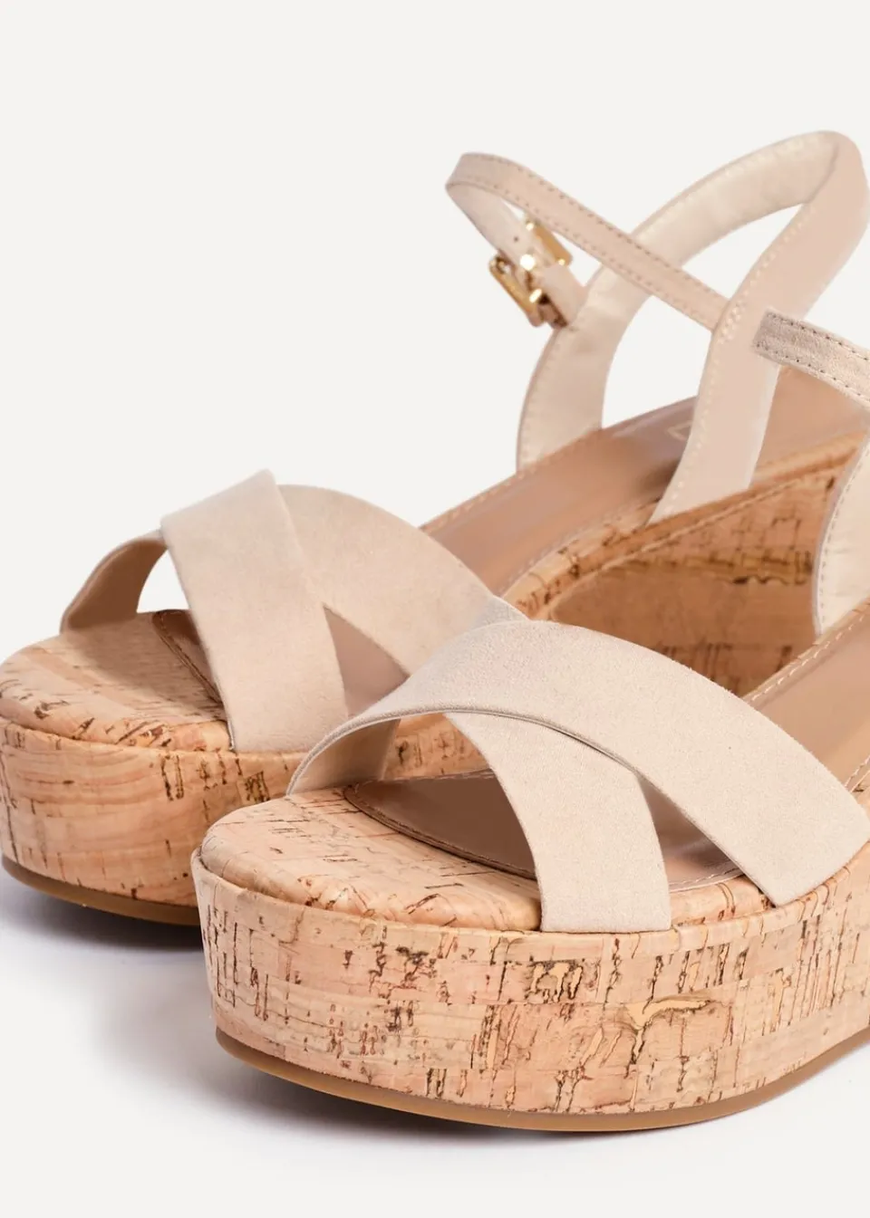 Footwear>Linzi Vivid Sand Faux Suede Crossover Cork Wedge