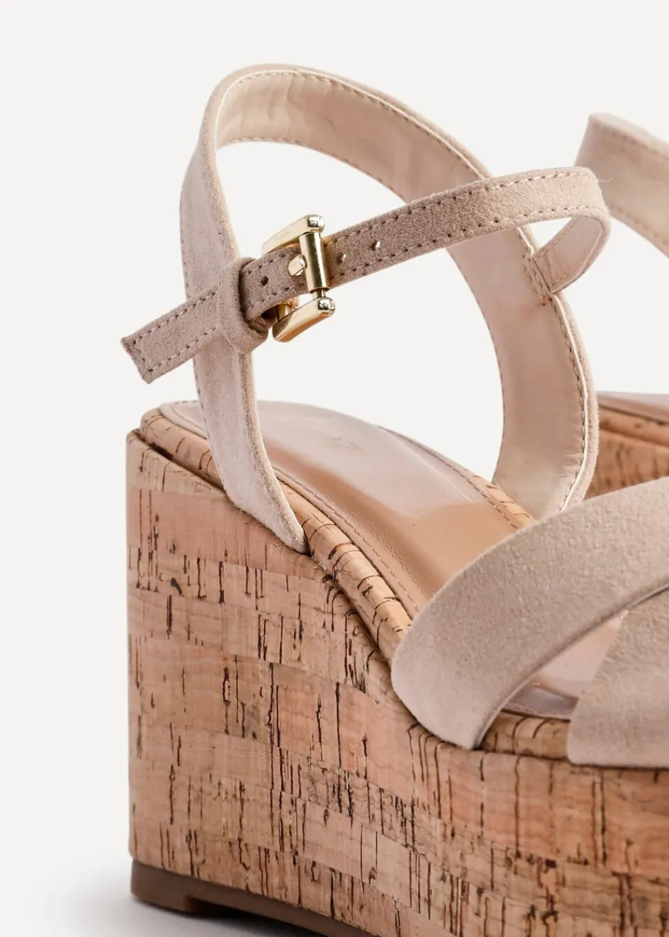 Footwear>Linzi Vivid Sand Faux Suede Crossover Cork Wedge