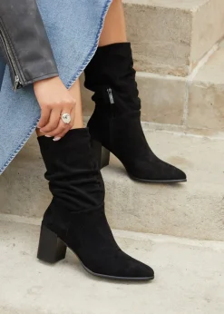 Footwear>Linzi Wisteria Black Suede Western Style Ruched Boot