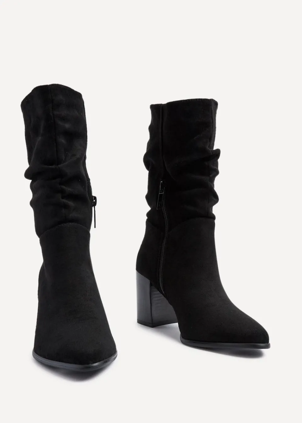 Footwear>Linzi Wisteria Black Suede Western Style Ruched Boot