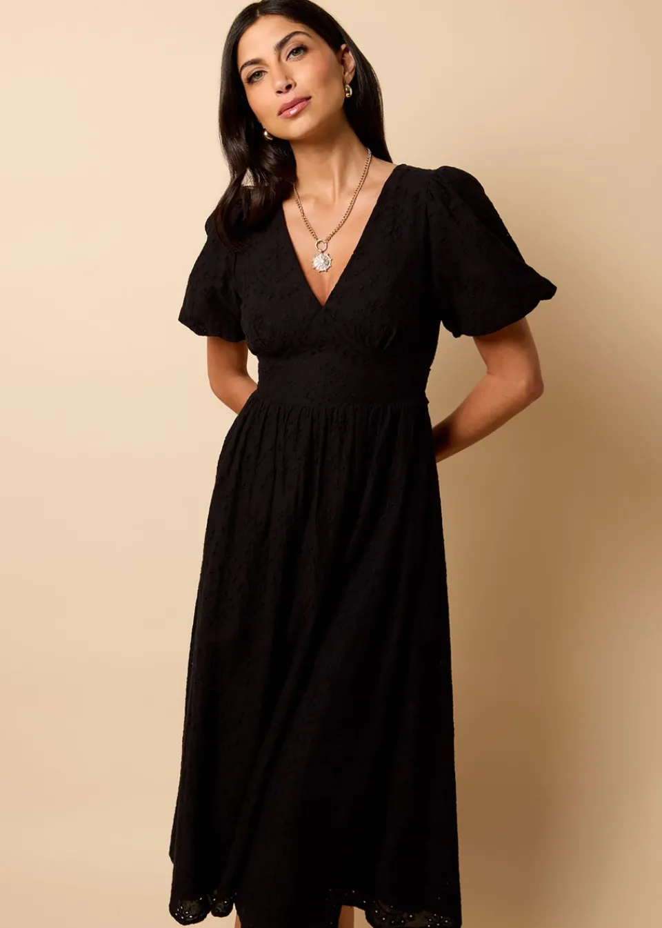 Dresses>Little Mistress Broderie Midi Dress by Vicky Pattison Black