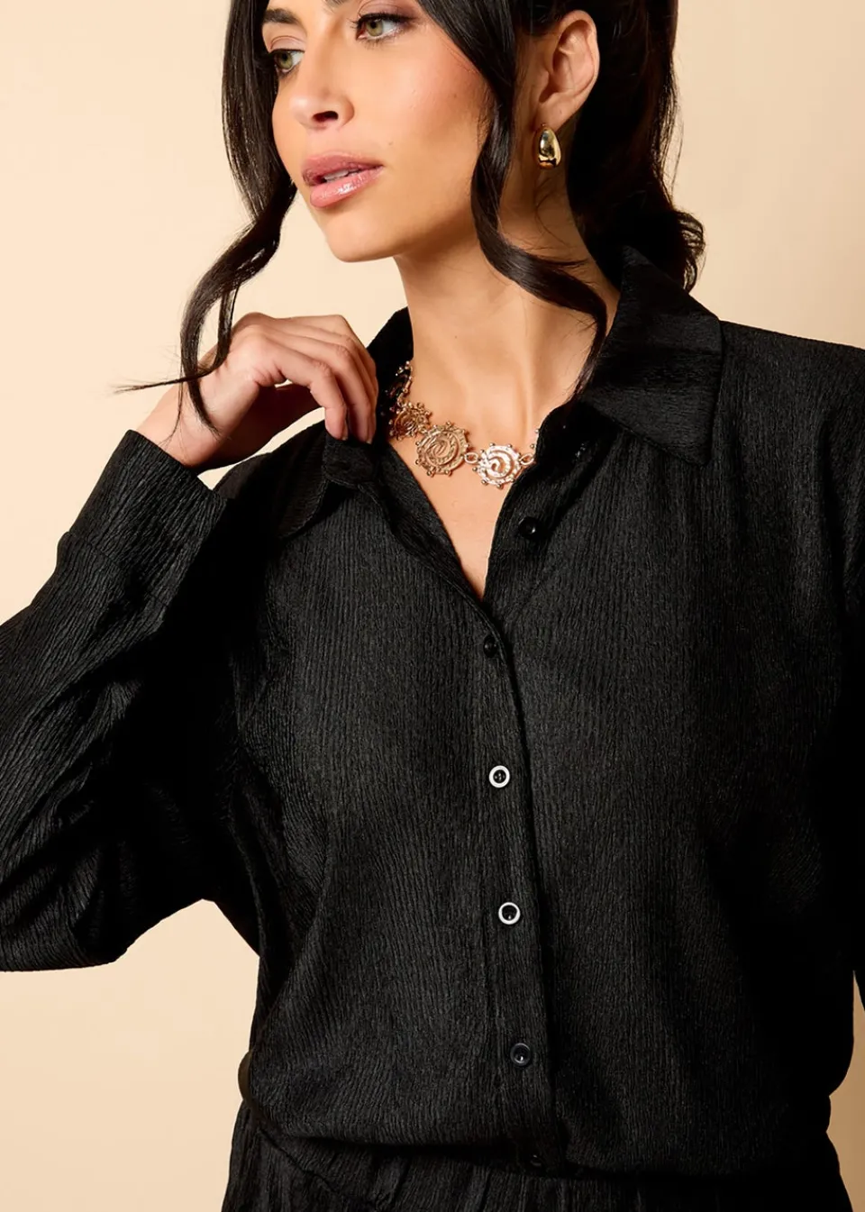 Tops>Little Mistress Co Ord Plisse Shirt by Vicky Pattison Black