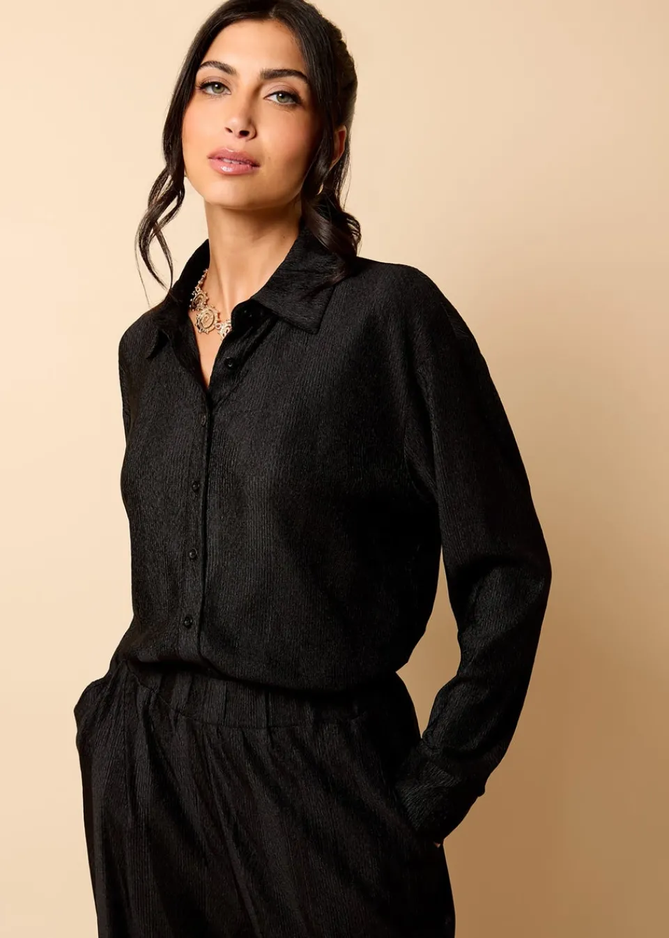 Tops>Little Mistress Co Ord Plisse Shirt by Vicky Pattison Black