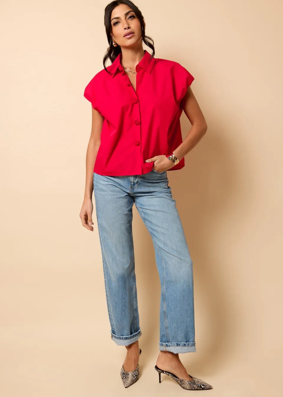 Tops>Little Mistress Poplin Cotton Shirt by Vicky Pattison Red