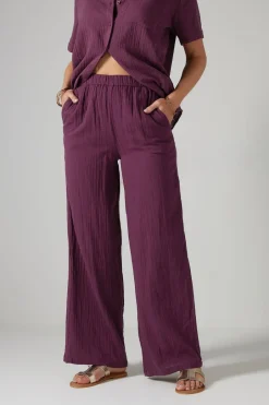 Trousers>Long Tall Sally Dark Red Cotton Cheescloth Wide Leg Trousers