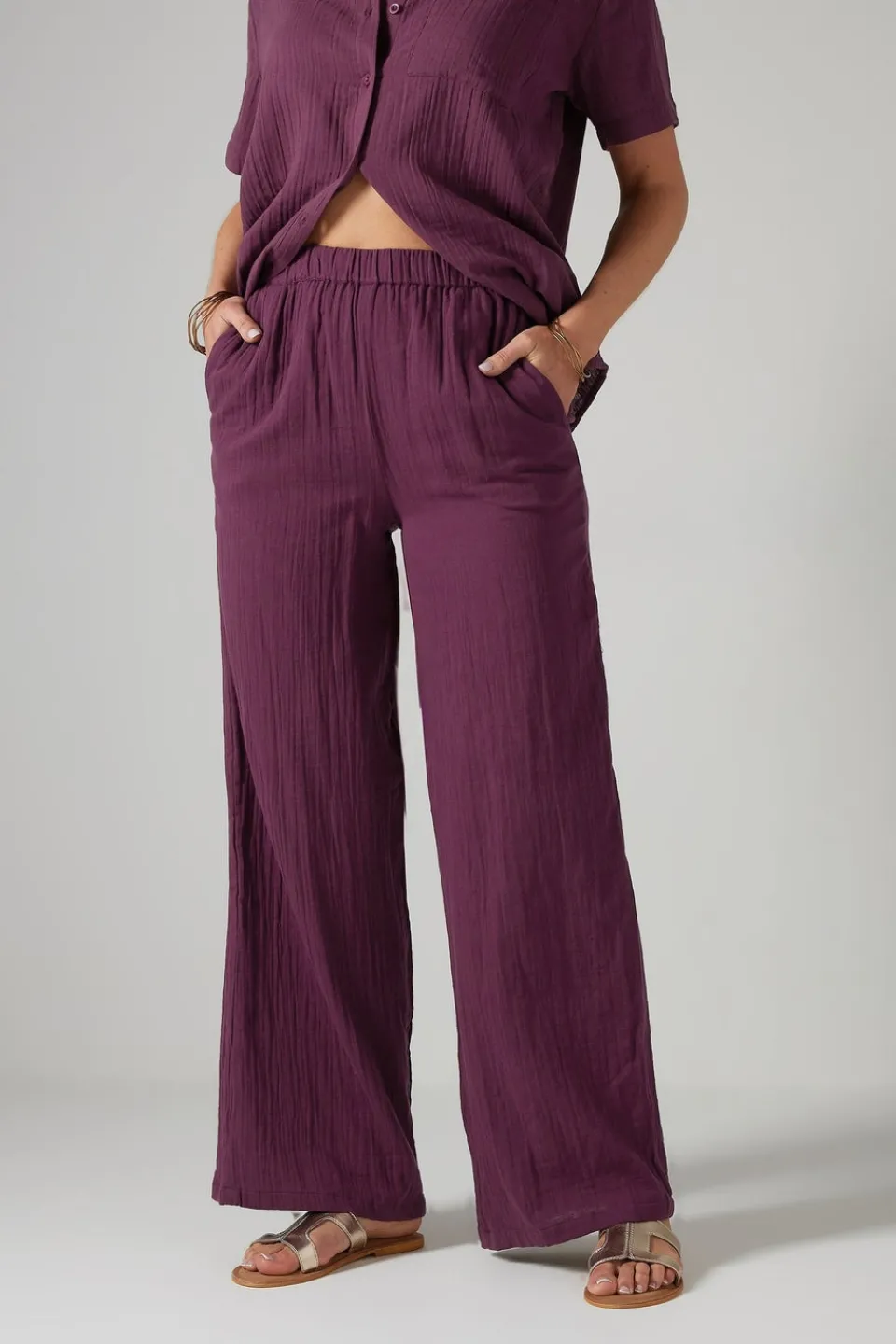 Trousers>Long Tall Sally Dark Red Cotton Cheescloth Wide Leg Trousers