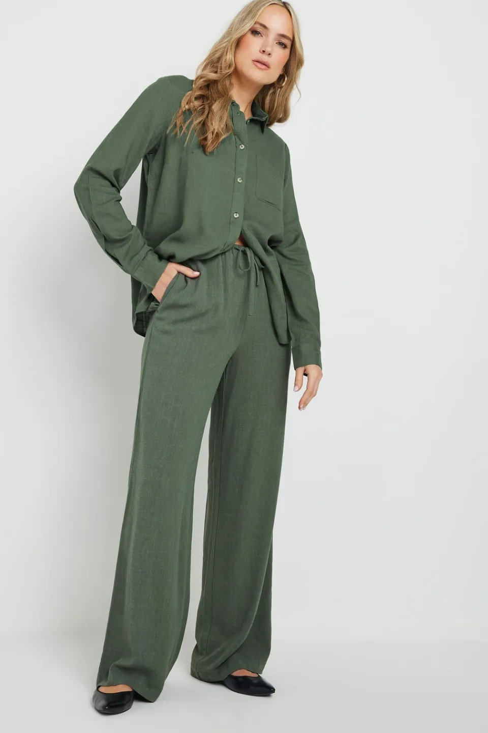 Trousers>Long Tall Sally Khaki Green Linen Tie Waist Trousers