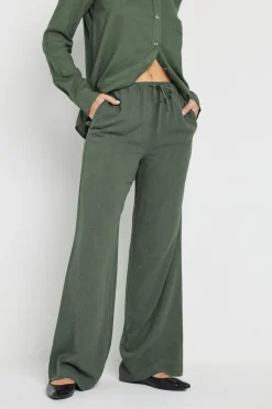 Trousers>Long Tall Sally Khaki Green Linen Tie Waist Trousers