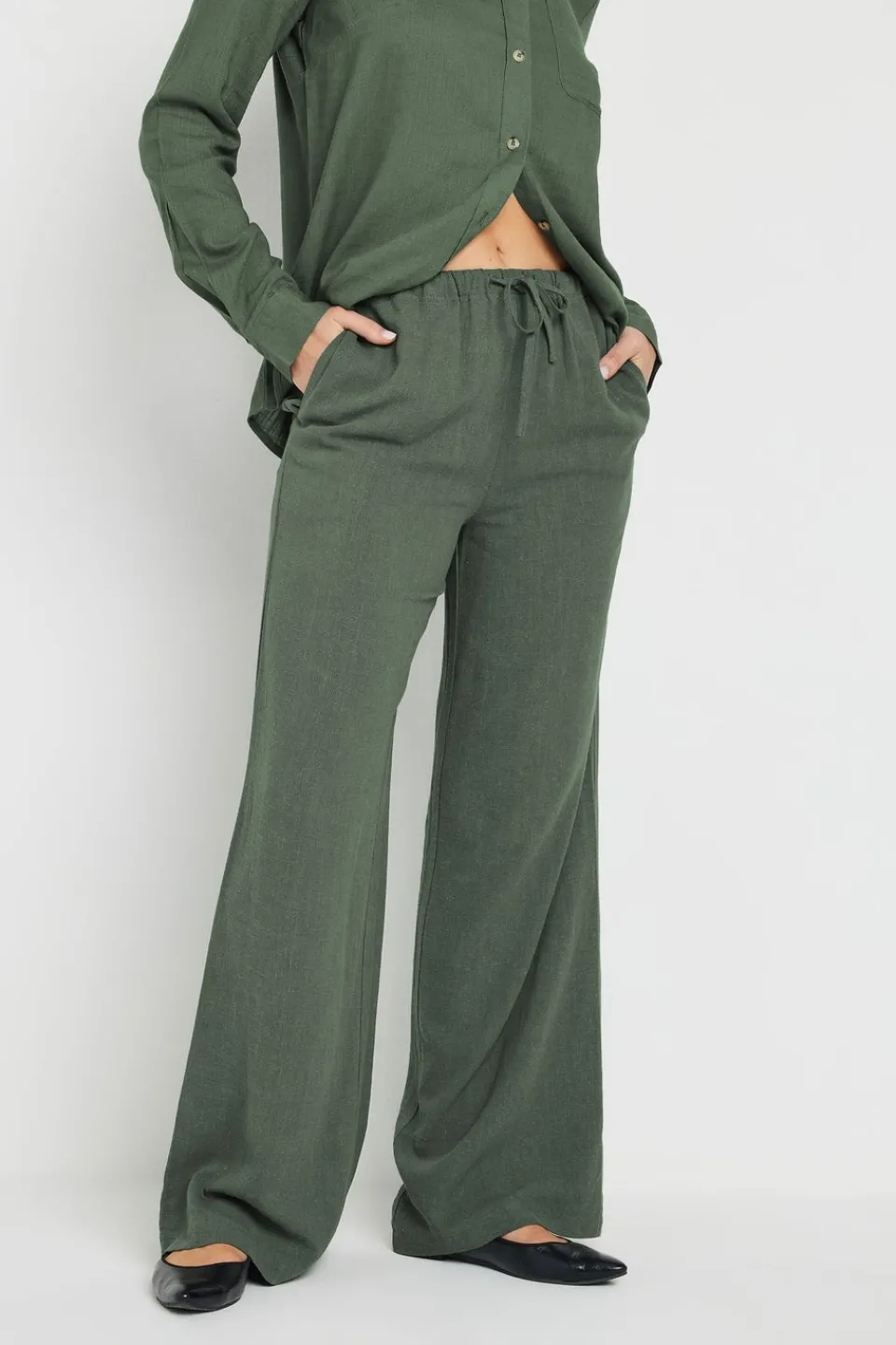 Trousers>Long Tall Sally Khaki Green Linen Tie Waist Trousers