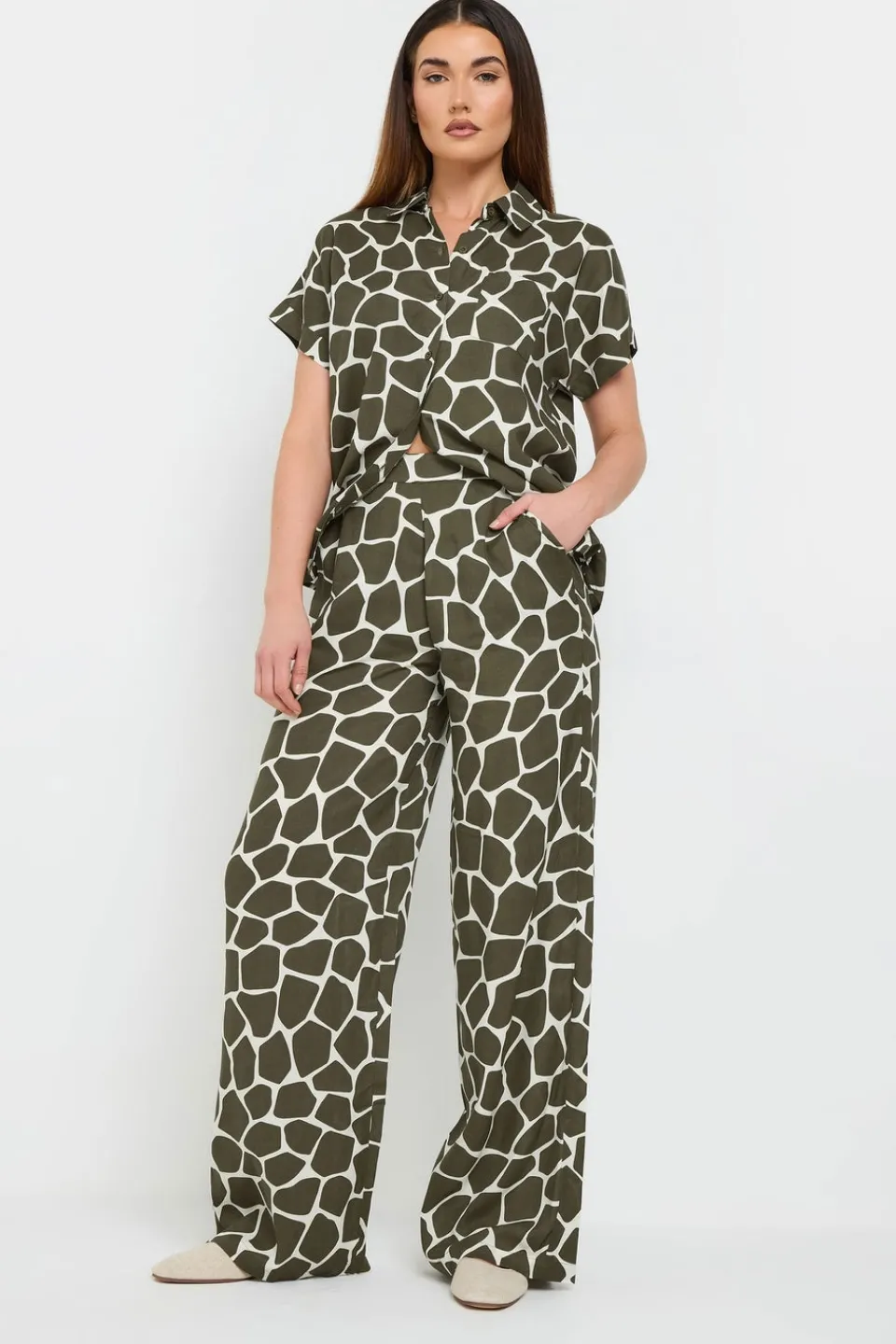 Trousers>Long Tall Sally Khaki Green Giraffe Print Wide Leg Trousers